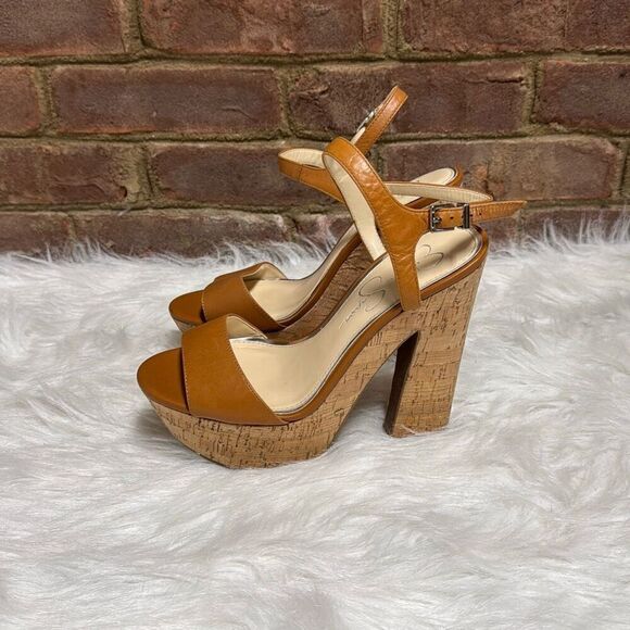 Jessica Simpson Womens Divella Tan Leather Open Toe Platform Heel Size 8 - Picture 3 of 8